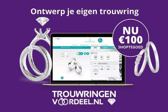 Je eigen trouwringen ontwerpen bij trouwringenvoordeel.nl met 100 euro shoptegoed